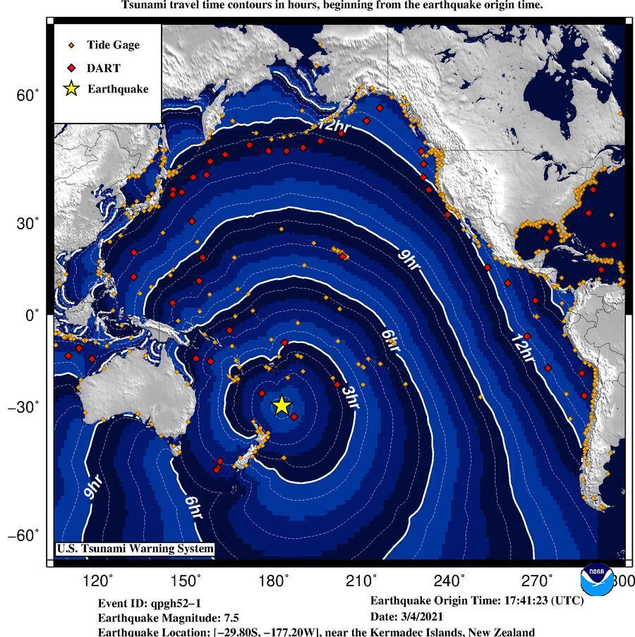 Tsunami travel time map